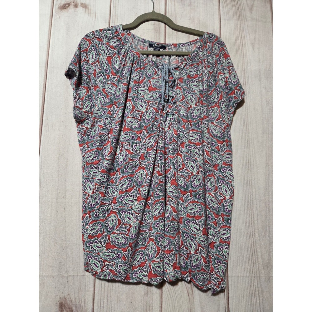 Chaps Womens 2X Paisley Lace Up Neck Short Sleeve Knit Top Red Blue Boho Blouse